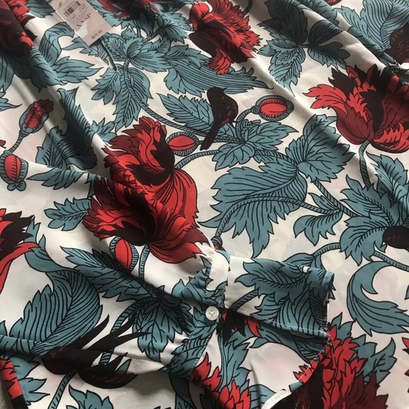 NEW ANN TAYLOR Teal Red Floral Bird Blouse XXSP - Picture 5 of 5